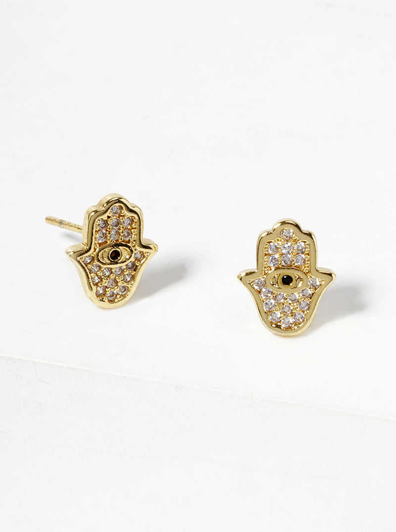 18k Gold Dipped CZ Pave Hamsa Dainty Post Stud Earrings