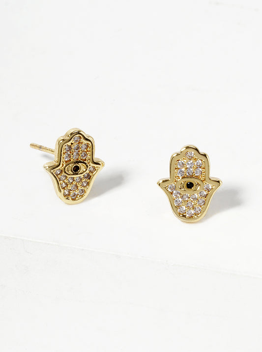 18k Gold Dipped CZ Pave Hamsa Dainty Post Stud Earrings