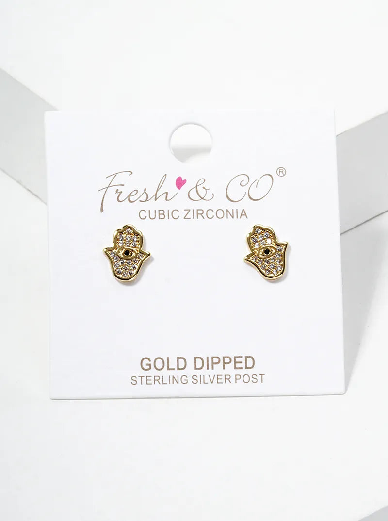 18k Gold Dipped CZ Pave Hamsa Dainty Post Stud Earrings