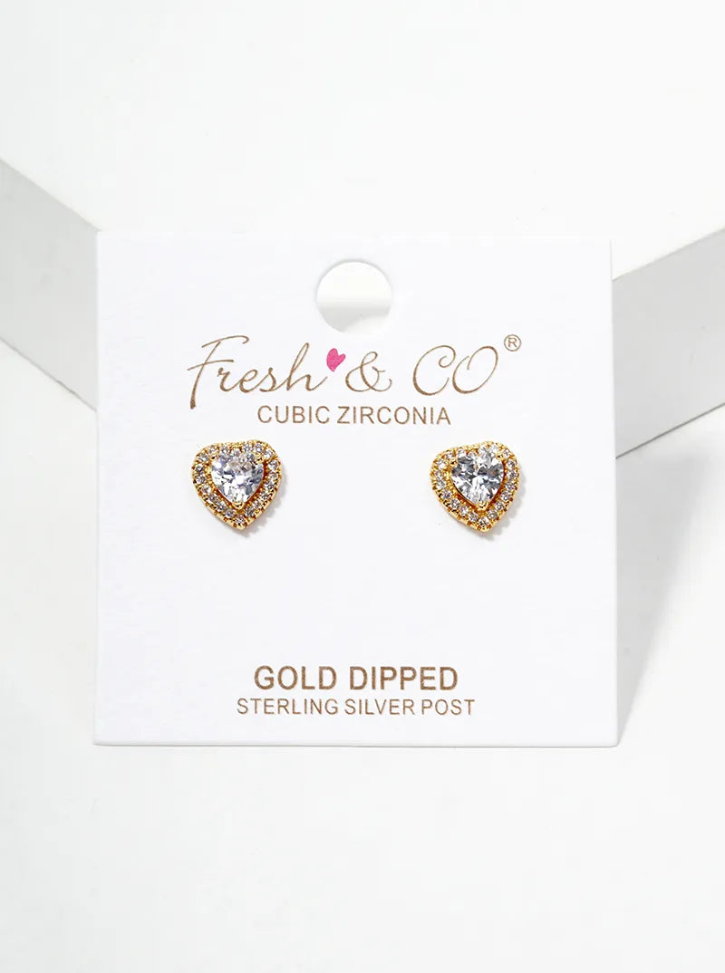 18k Gold Dipped CZ Pave Heart Post Stud Earrings
