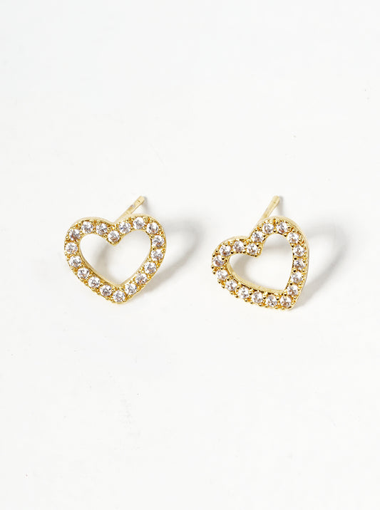 White Gold Dipped CZ Pave Double Pixel Heart Dangle Post Earrings