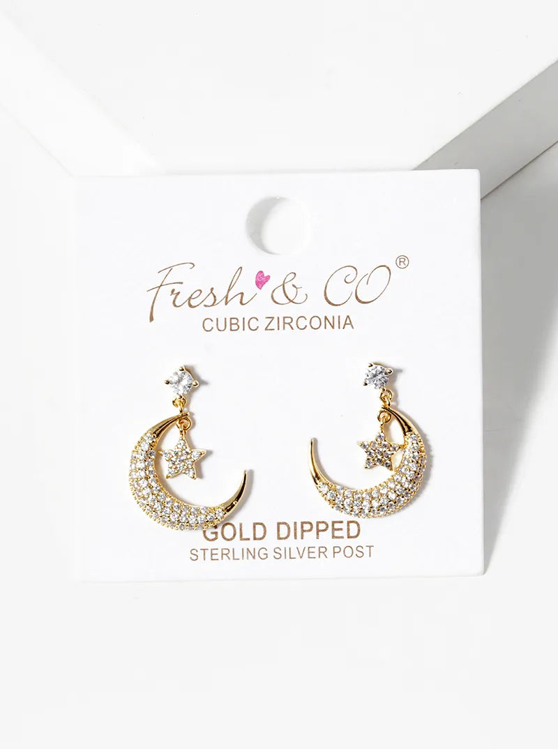 18k Gold Dipped CZ Pave Moon And Star Drop Dangle Post Earrings