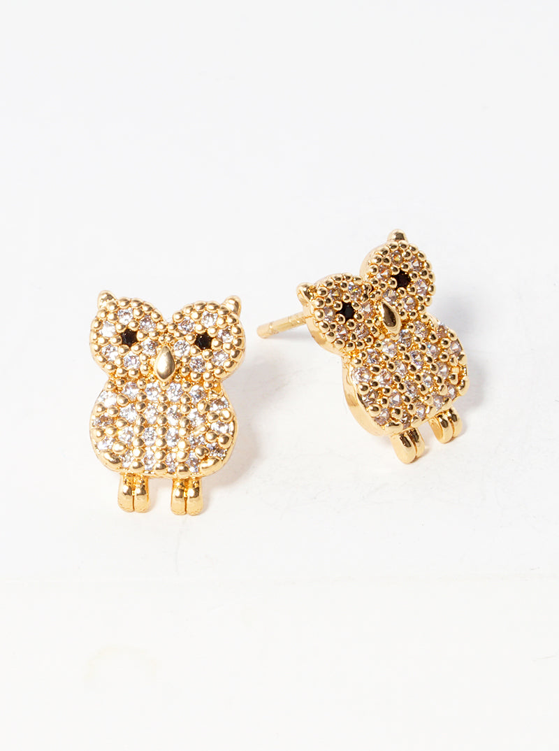 18k Gold Dipped CZ Pave Owl Post Stud Earrings