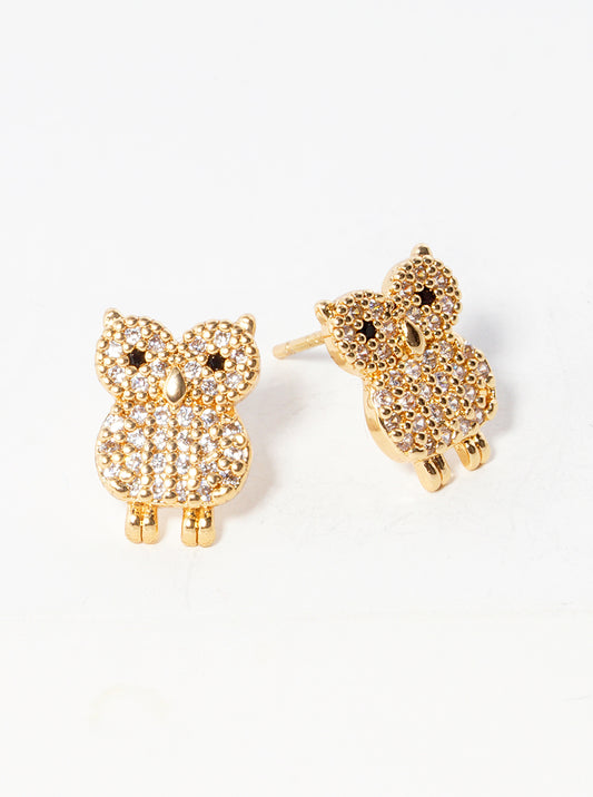 18k Gold Dipped CZ Pave Owl Post Stud Earrings