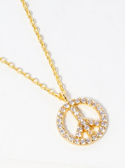 White Gold Dipped CZ Pave Peace Symbol Pendant Delicate Necklace