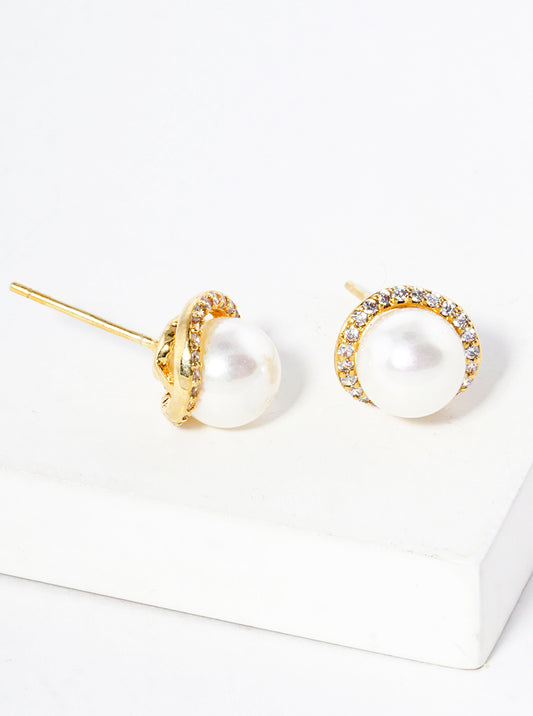 18k Gold Dipped CZ Pave Pearl Post Stud Earrings