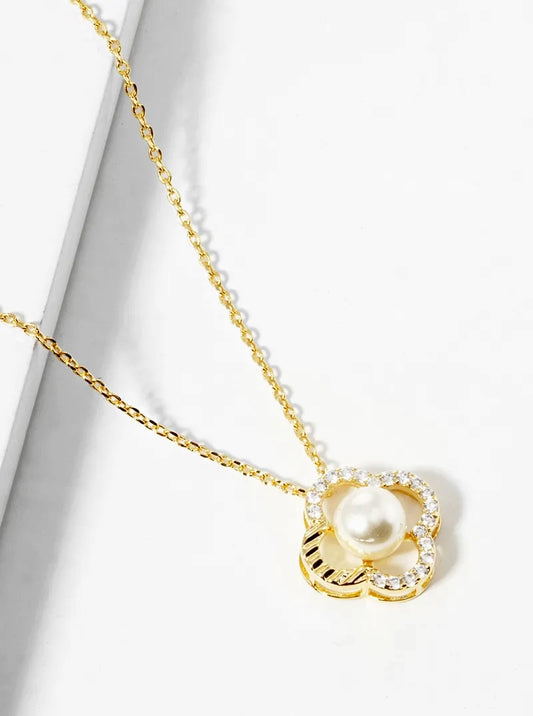18k Gold Dipped CZ Pave Quatrefoil Pendant Necklace