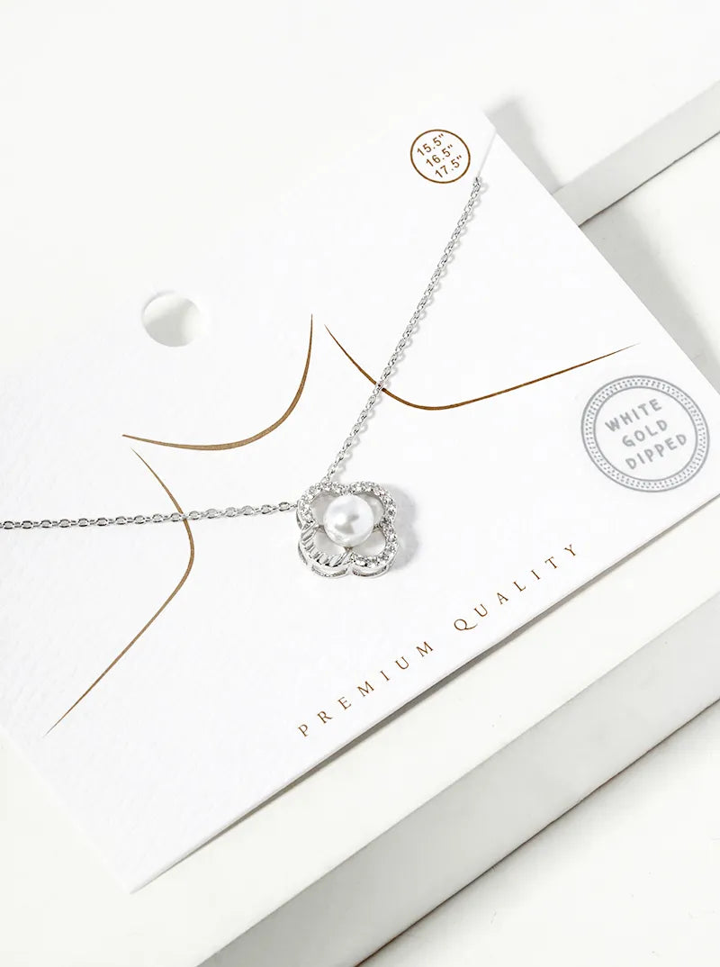 18k Gold Dipped CZ Pave Pearl Quatrefoil Pendant Necklace