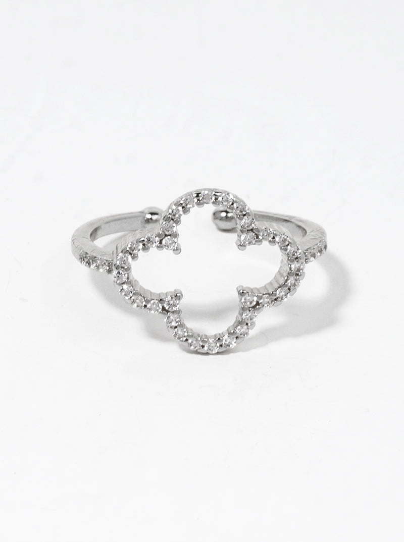 18k Gold Dipped CZ Pave Quatrefoil Adjustable Ring Rhodium