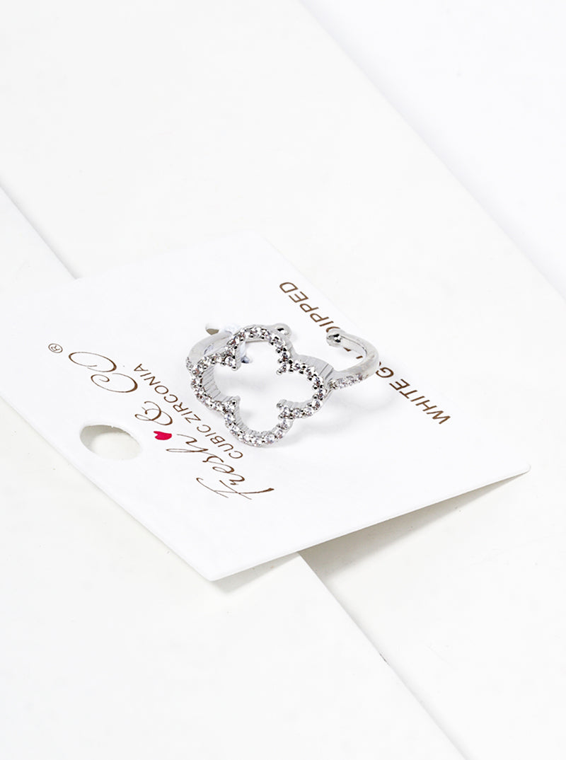 18k Gold Dipped CZ Pave Quatrefoil Adjustable Ring Rhodium