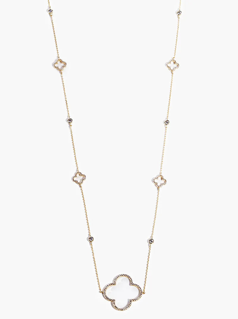 18k Gold Dipped CZ Pave Quatrefoil Pendant 36 Inch Long Station Necklace
