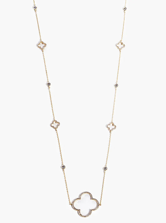 18k Gold Dipped CZ Pave Quatrefoil Pendant 36 Inch Long Station Necklace