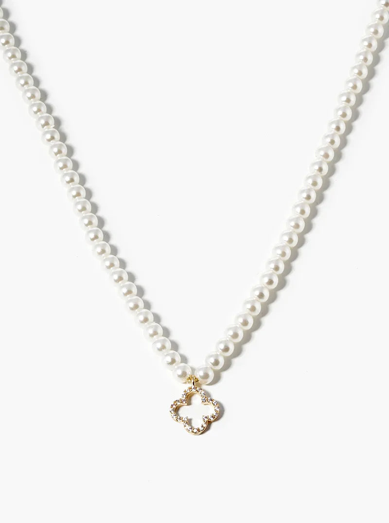 18k Gold Dipped CZ Pave Quatrefoil Pendant Pearl Beaded Chain Necklace