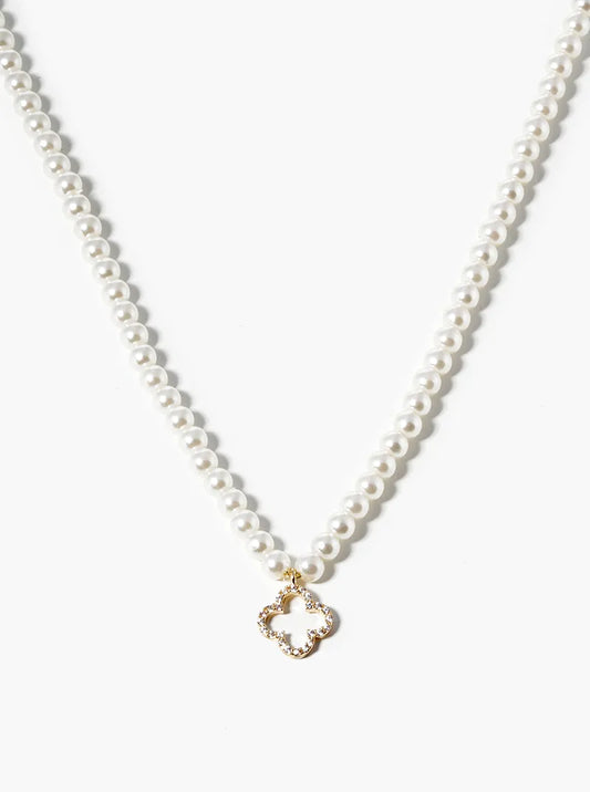 18k Gold Dipped CZ Pave Quatrefoil Pendant Pearl Beaded Chain Necklace