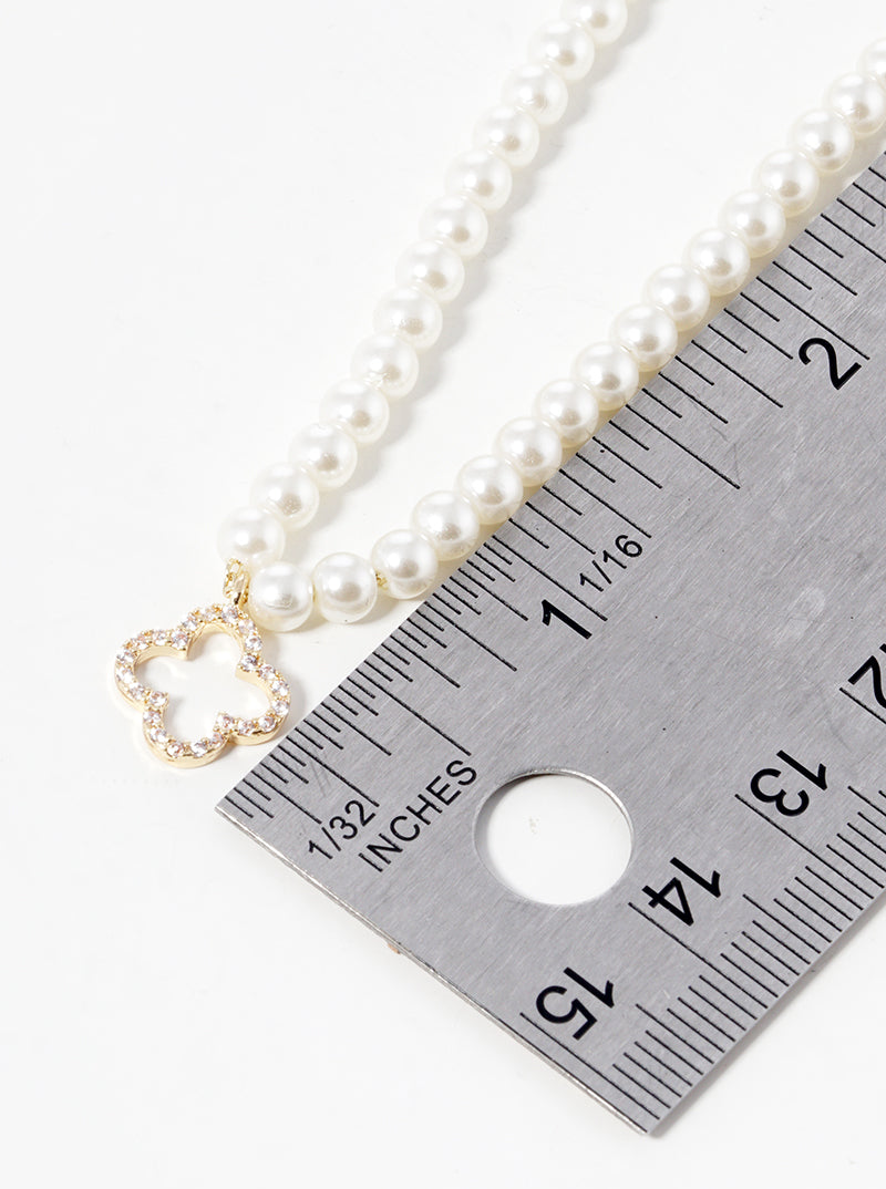 18k Gold Dipped CZ Pave Quatrefoil Pendant Pearl Beaded Chain Necklace