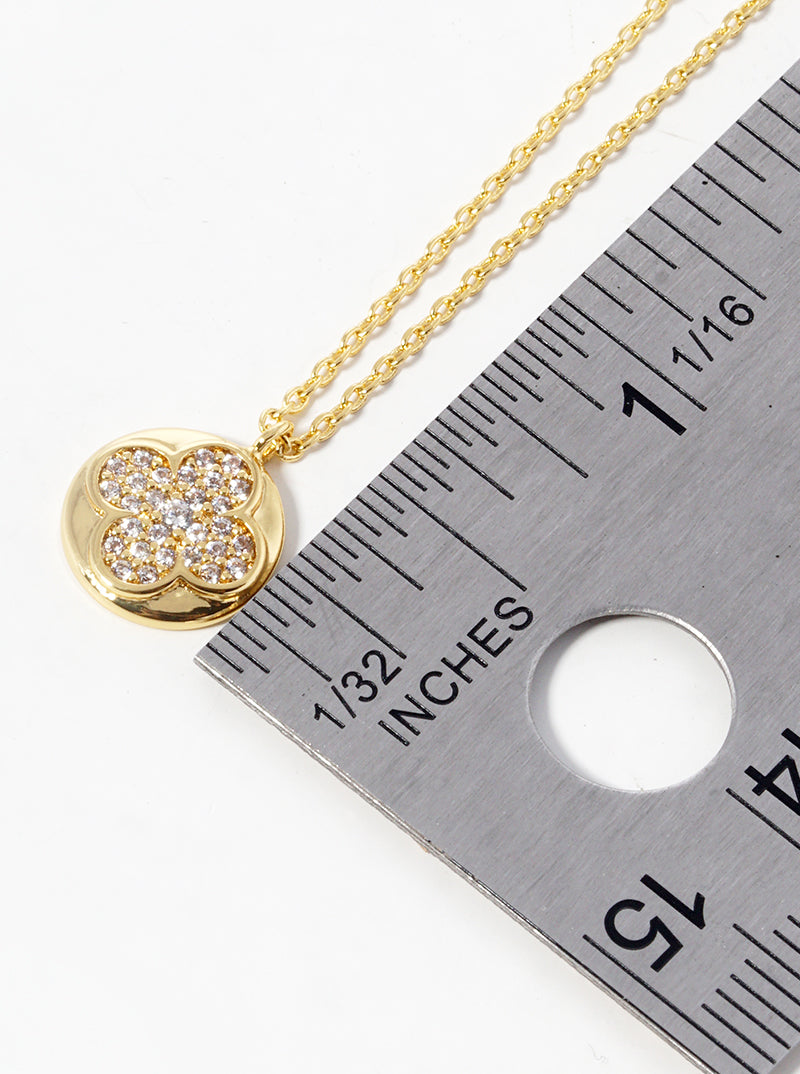 18k Gold Dipped CZ Pave Quatrefoil Round Pendant Necklace