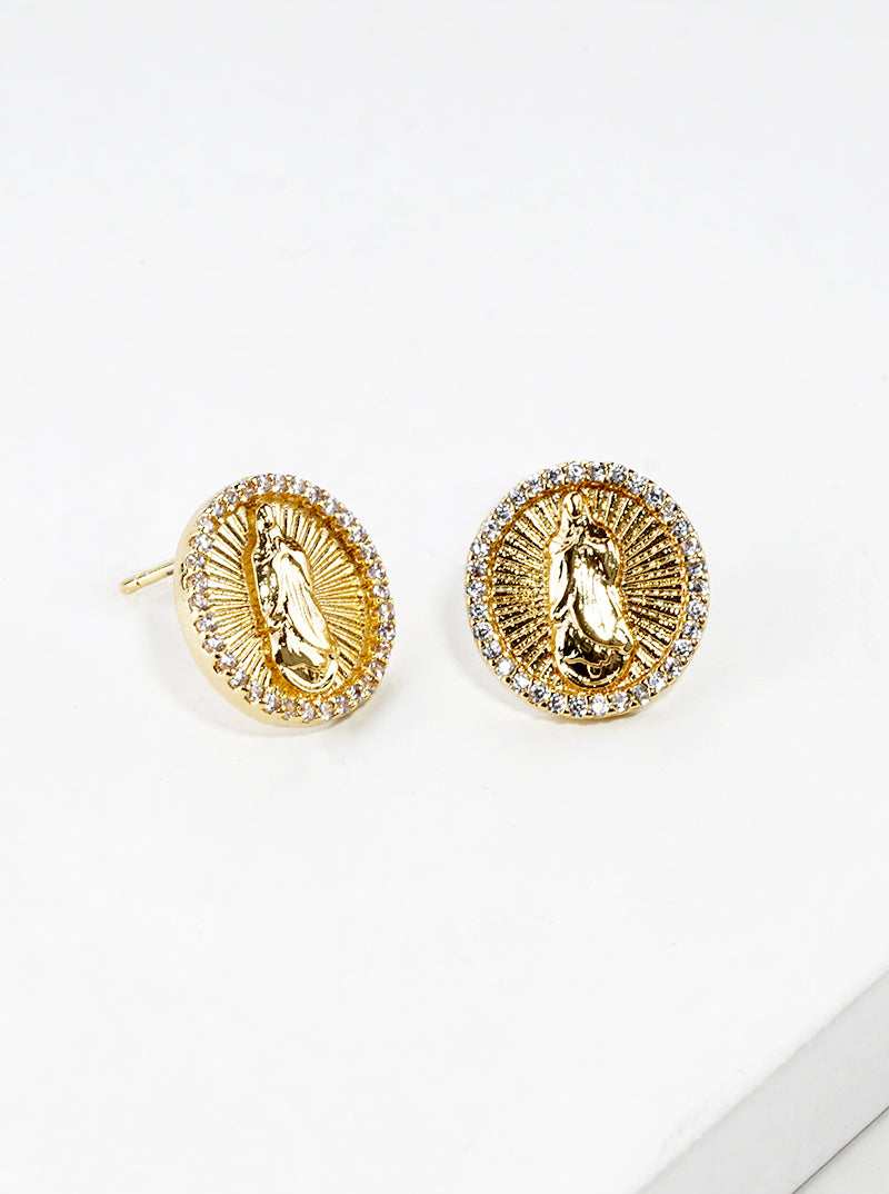 18k Gold Dipped CZ Pave Round Virgin Mary Post Stud Earrings