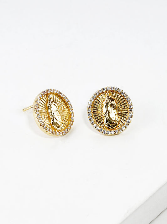 18k Gold Dipped CZ Pave Round Virgin Mary Post Stud Earrings