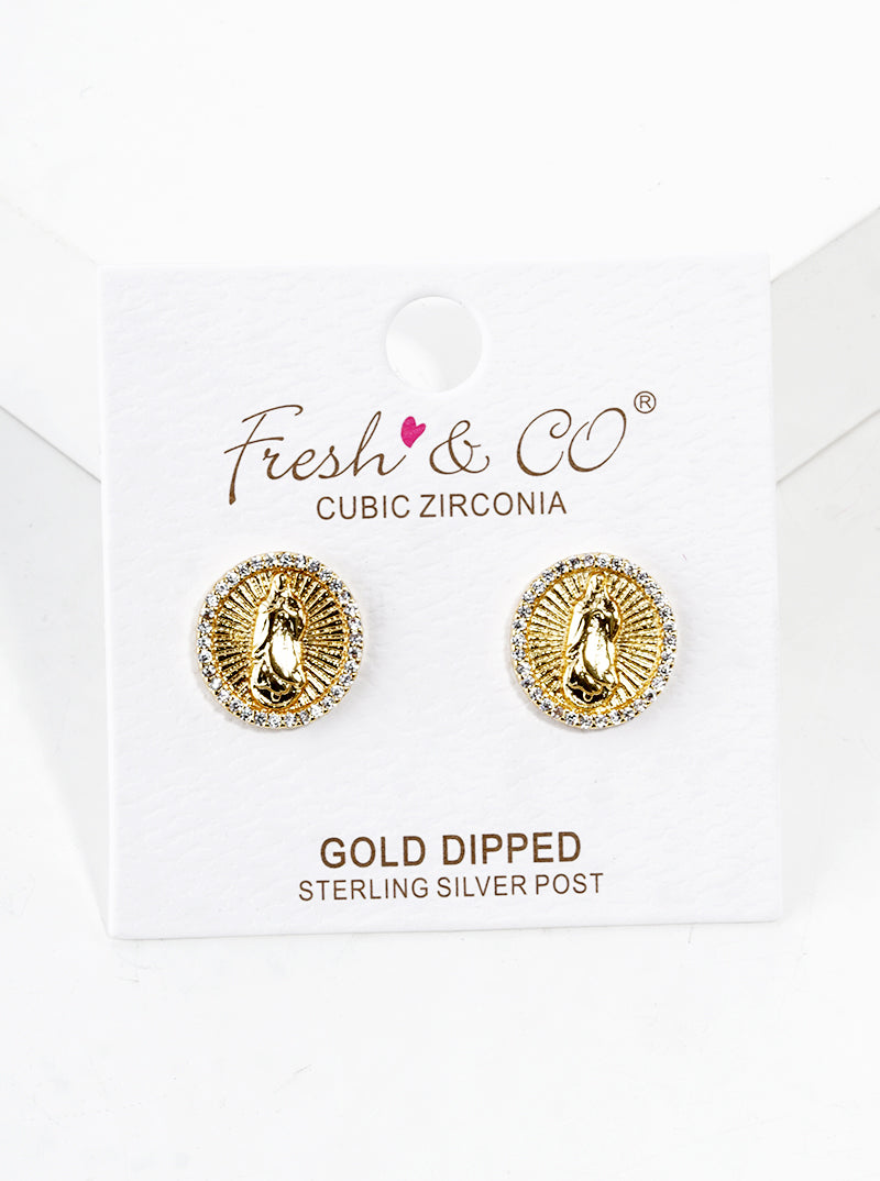 18k Gold Dipped CZ Pave Round Virgin Mary Post Stud Earrings