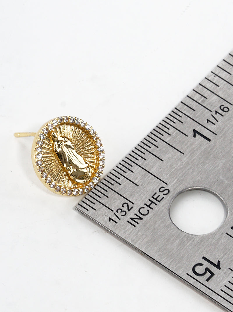 18k Gold Dipped CZ Pave Round Virgin Mary Post Stud Earrings