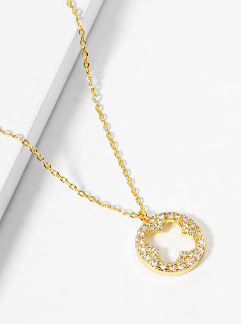 18k Gold Dipped CZ Pave Round Cutout Quatrefoil Pendant Necklace