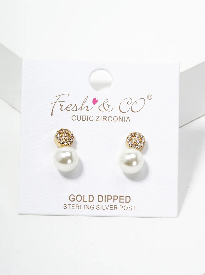 18k Gold Dipped CZ Pave Round Glass Pearl  Post Stud Earrings