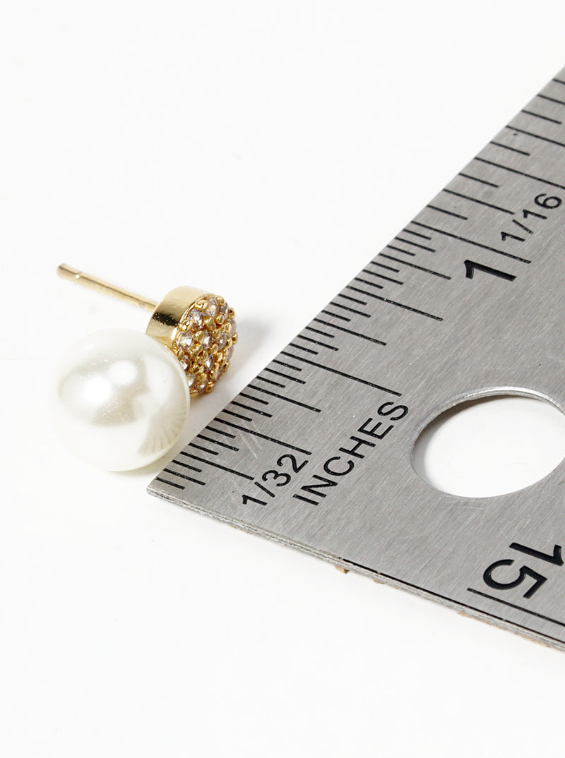 18k Gold Dipped CZ Pave Round Glass Pearl  Post Stud Earrings