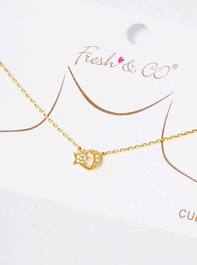 18k Gold Dipped CZ Pave Star And Crescent Moon Pendant Delicate Necklace