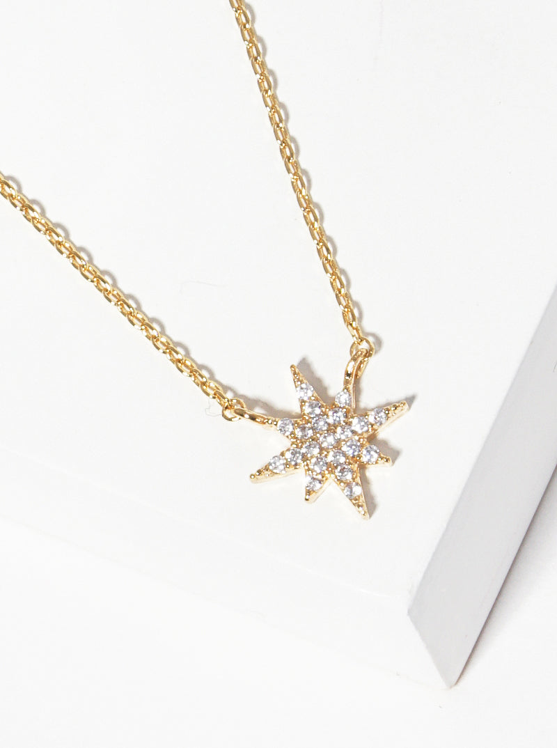 18k Gold Dipped CZ Pave Starburst Pendant Delicate Necklace