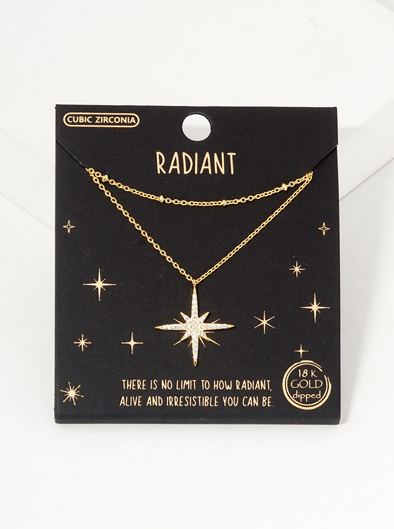 18k Gold Dipped CZ Pave Starburst Pendant Double Layered Necklace