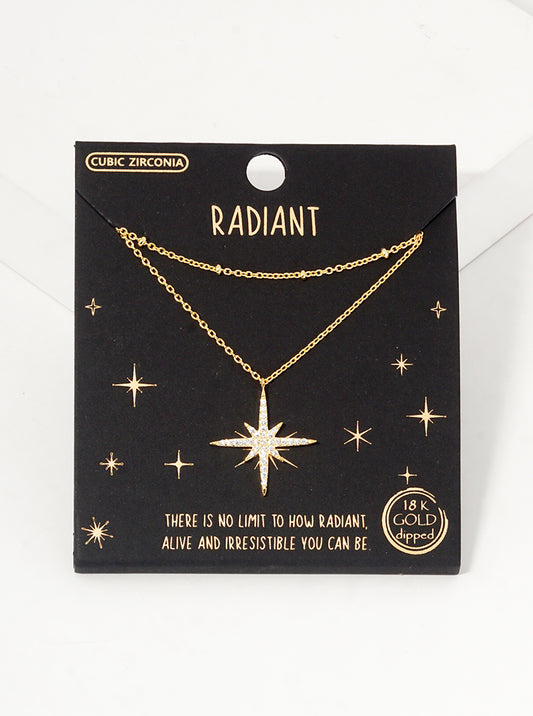 18k Gold Dipped CZ Pave Starburst Pendant Double Layered Necklace