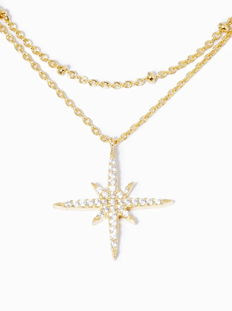 18k Gold Dipped CZ Pave Starburst Pendant Double Layered Necklace