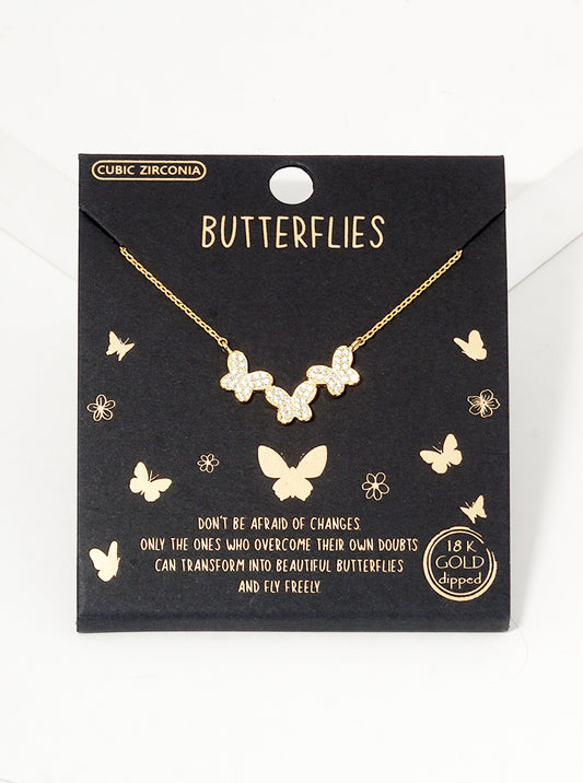 18k Gold Dipped CZ Pave Three Butterflies Pendant Necklace