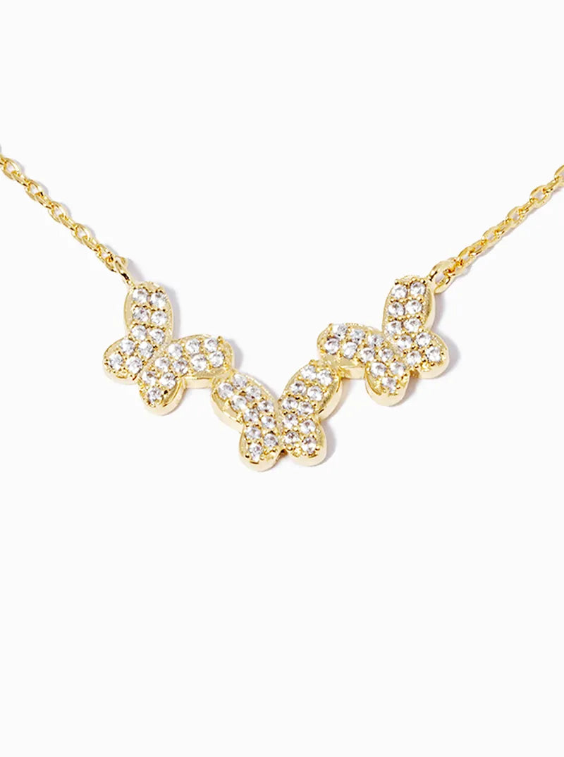 18k Gold Dipped CZ Pave Three Butterflies Pendant Necklace