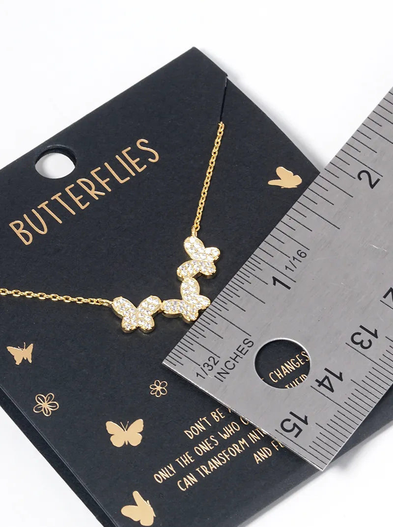 18k Gold Dipped CZ Pave Three Butterflies Pendant Necklace