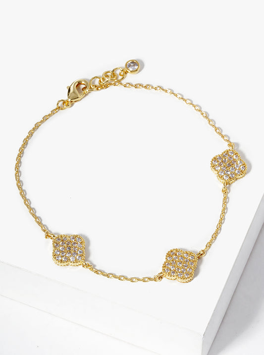White Gold Dipped CZ Pave Three Quatrefoil Bracelet
