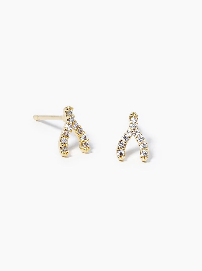 18k Gold Dipped CZ Pave Wishbone Post Stud Earrings