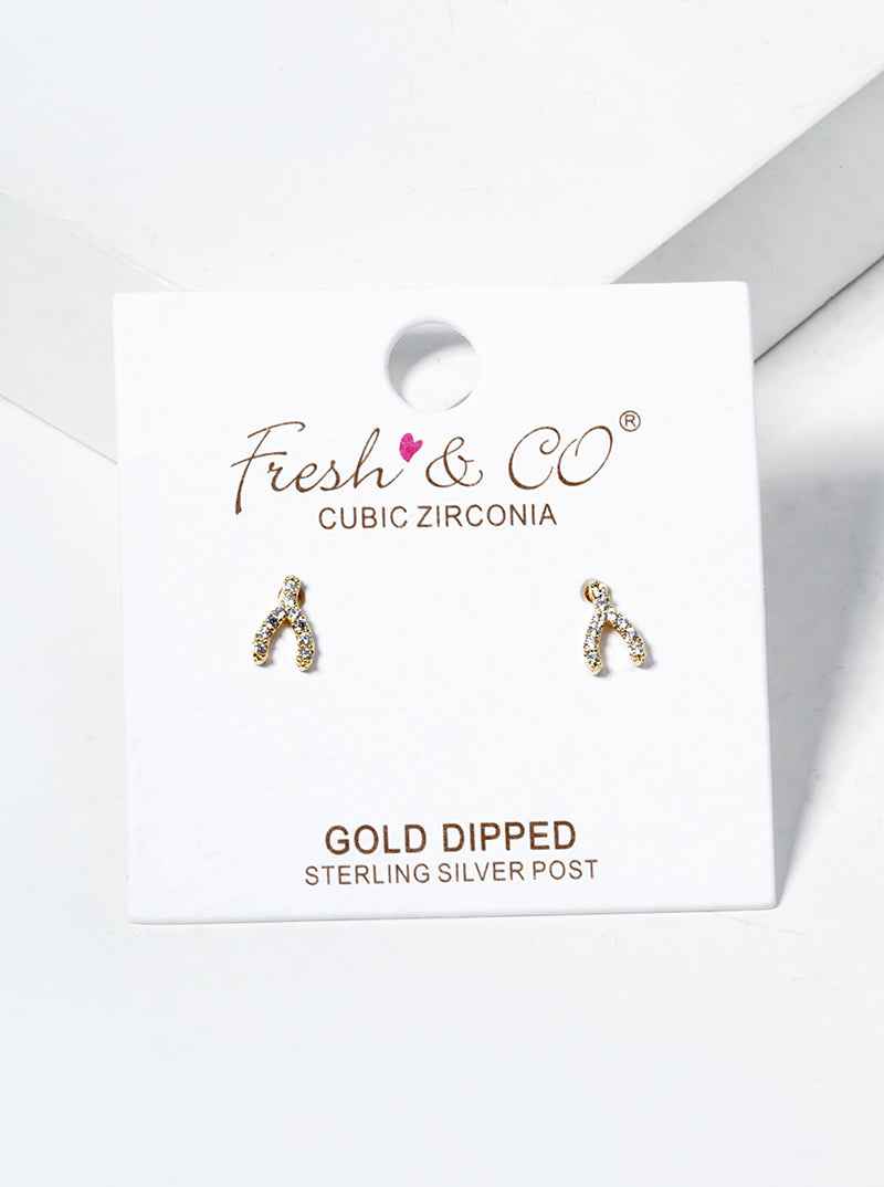18k Gold Dipped CZ Pave Wishbone Post Stud Earrings