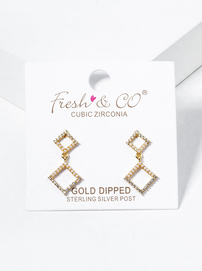 18k Gold Dipped CZ Pearl Bead Pave Double Rhombus Dangle Post Earrings