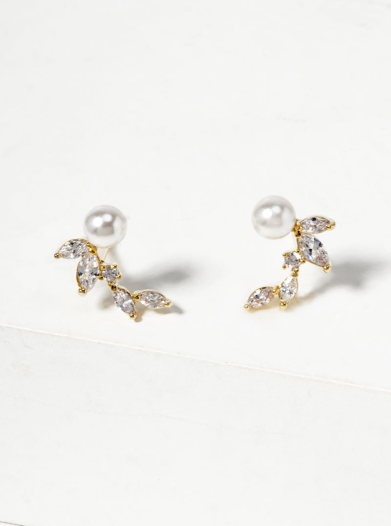 18k Gold Dipped CZ Pearl Curved Leaf Dainty Post Stud Earrings