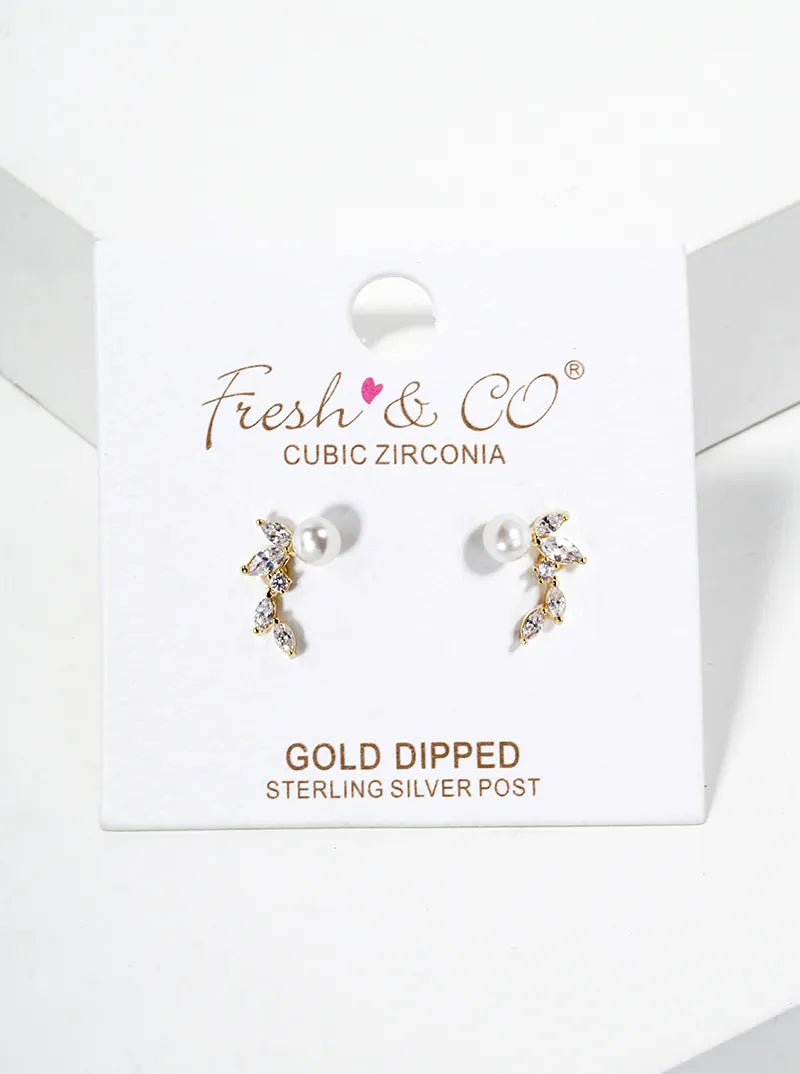 18k Gold Dipped CZ Pearl Curved Leaf Dainty Post Stud Earrings