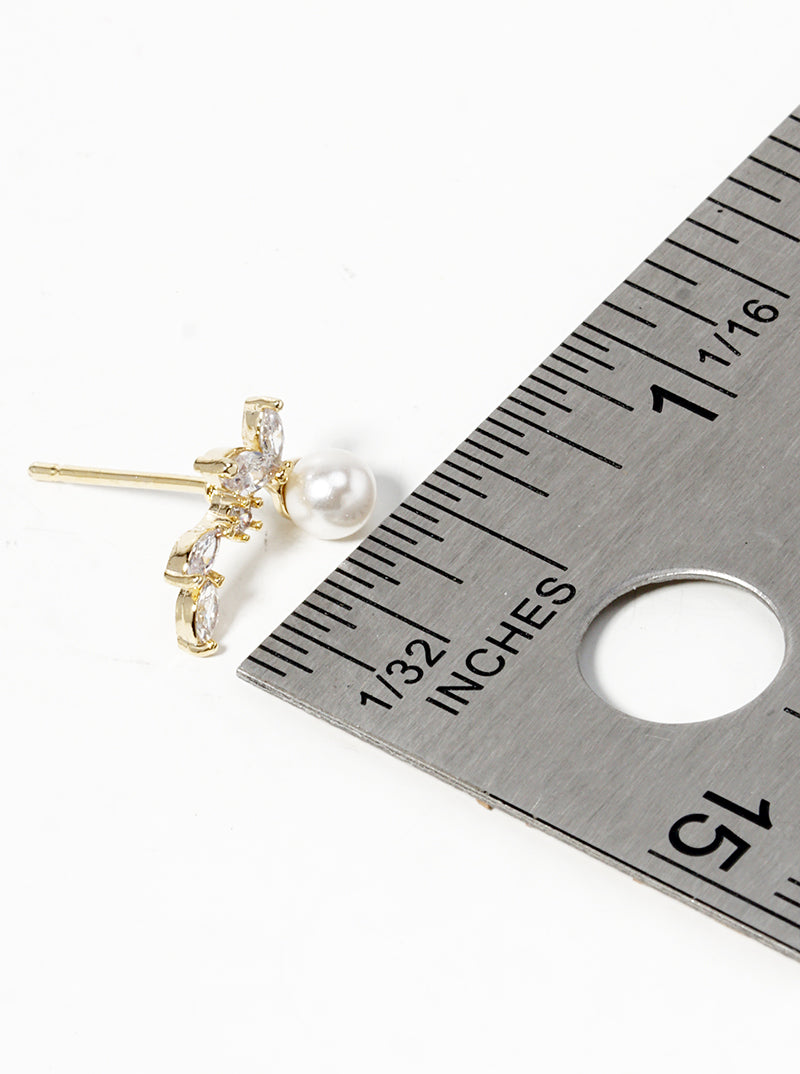 18k Gold Dipped CZ Pearl Curved Leaf Dainty Post Stud Earrings