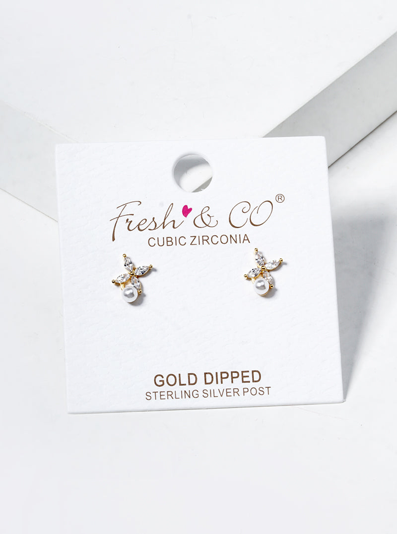 Minimalist Pearl And Cubic-Zirconia 18K-Gold-Dipped Stud Earrings