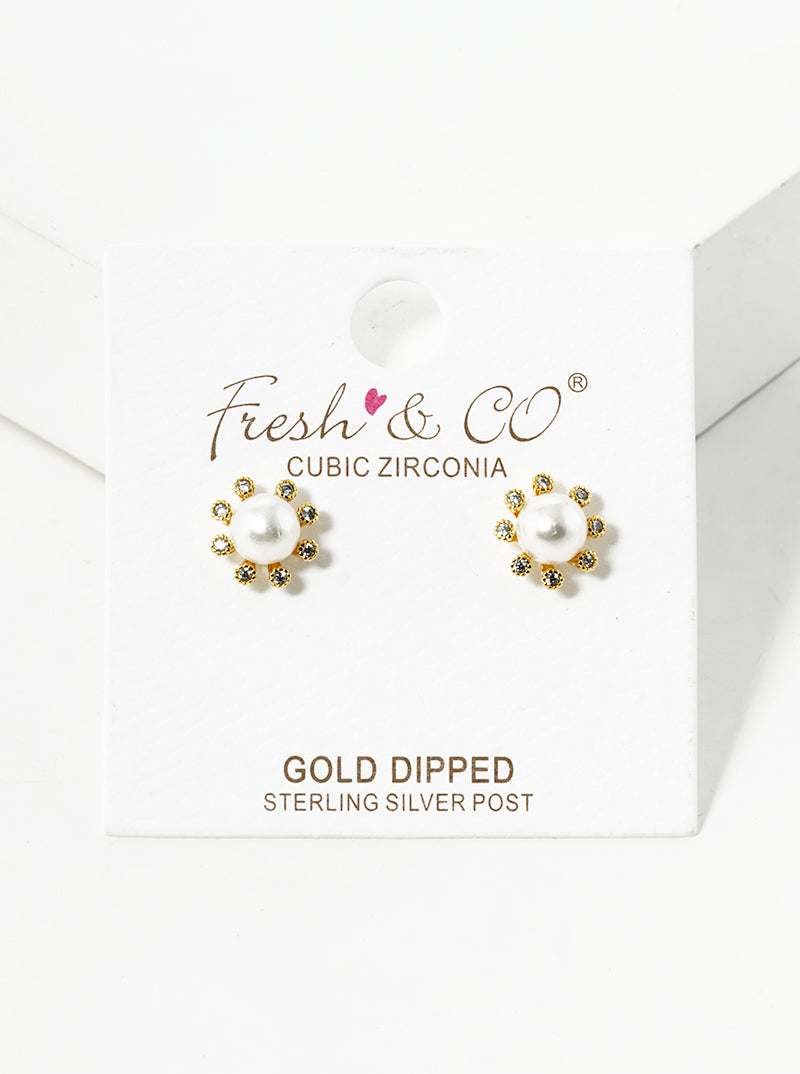 18k Gold Dipped CZ Pearl Flower Post Stud Earrings
