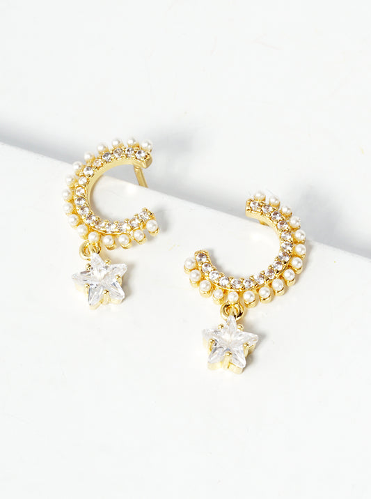 18k Gold Dipped CZ Star Drop Pearl Beaded Dangle Post Earrings
