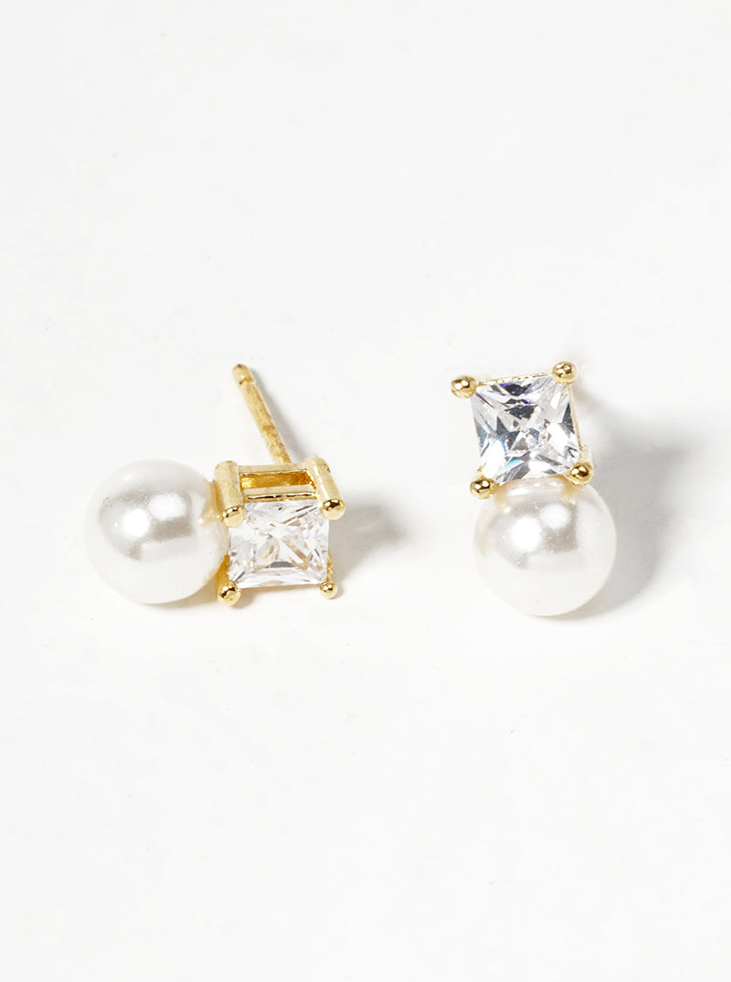 18k Gold Dipped Dainty CZ Stone Pearl Drop Post Stud Earrings