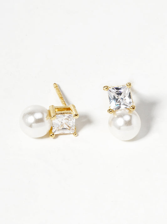 18k Gold Dipped Dainty CZ Stone Pearl Drop Post Stud Earrings