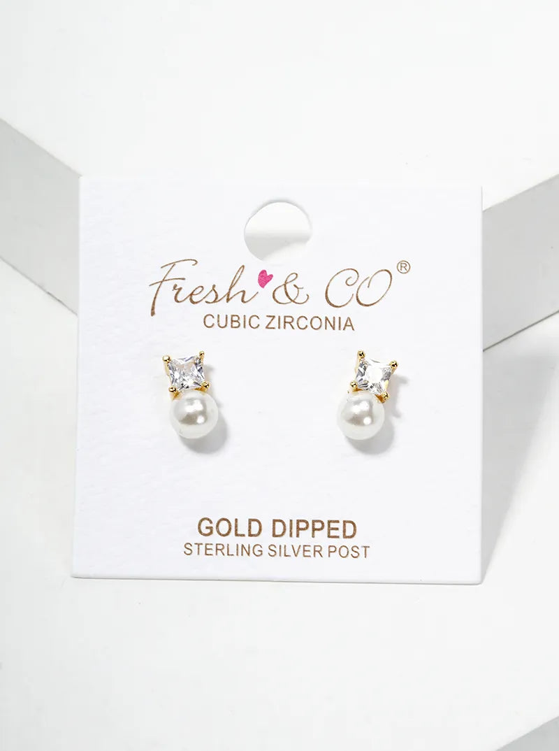 18k Gold Dipped Dainty CZ Stone Pearl Drop Post Stud Earrings