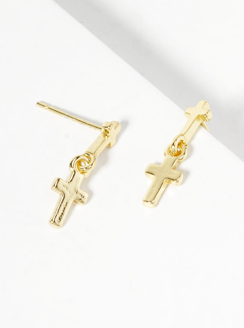 18k Gold Dipped Double Cross Dangle Post Earrings