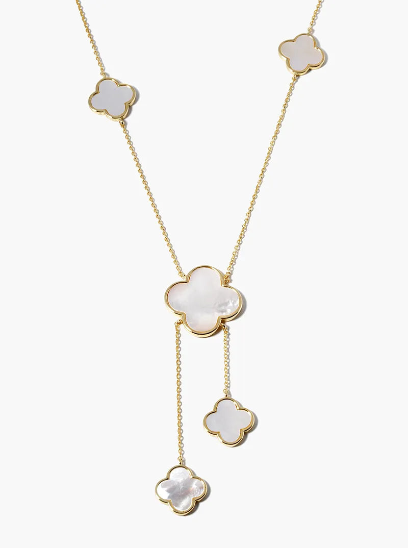 18k Gold Dipped Five Mother Of Pearl Quatrefoil Drop Lariat Necklace
